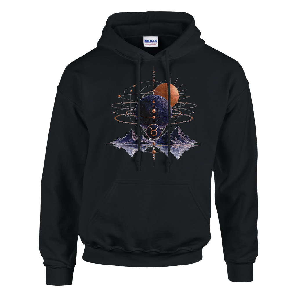 Hoodie negro Conjunción Tauro con diseño cósmico de planetas y simbolismo zodiacal.
