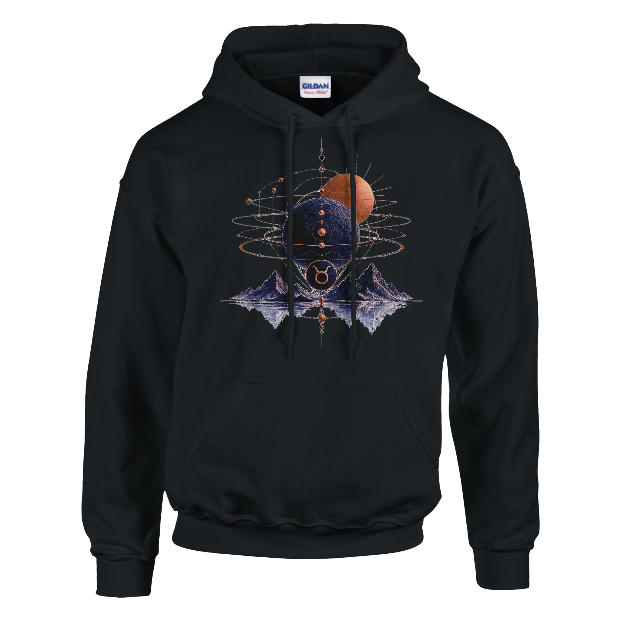 Hoodie negro Conjunción Tauro con diseño cósmico de planetas y simbolismo zodiacal.