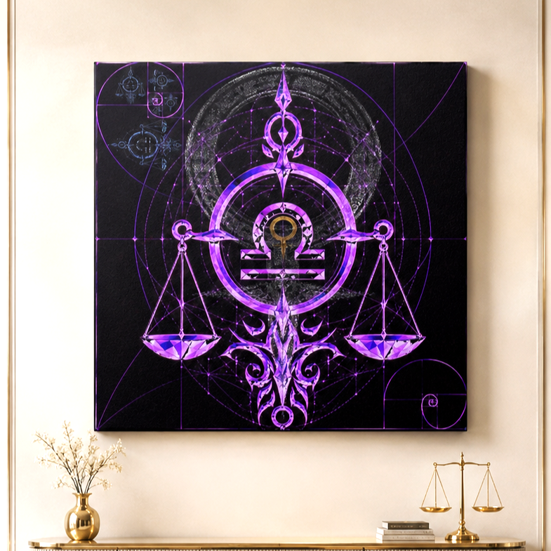 Canvas Fine Art Libra Áurea con símbolo de Libra y geometría sagrada en tonos violetas.