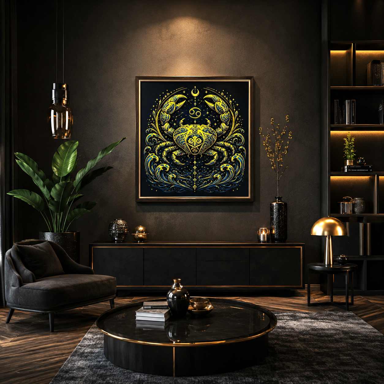 Poster zodiacal Cáncer Dorado integrado en ambiente decorativo elegante y minimalista