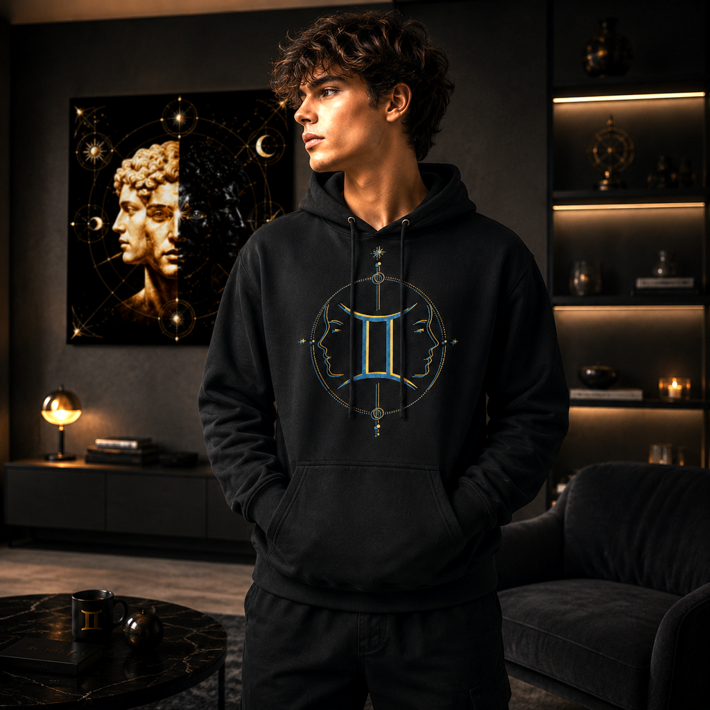 Hombre vistiendo Hoodie Negro Vibraciones Géminis con diseño astrológico exclusivo de Astrálisis.
