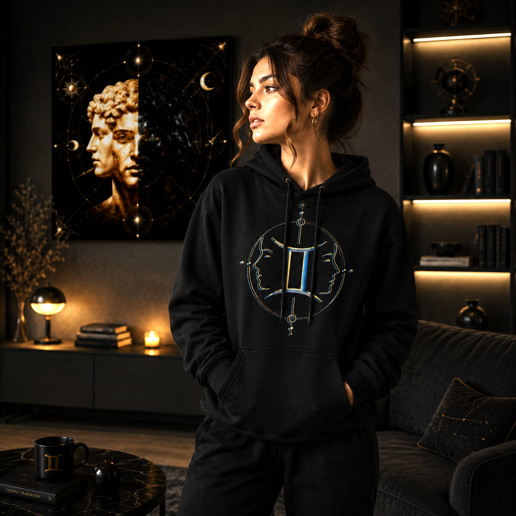 Modelo femenino luciendo hoodie negro astrológico Géminis en ambiente contemporáneo.