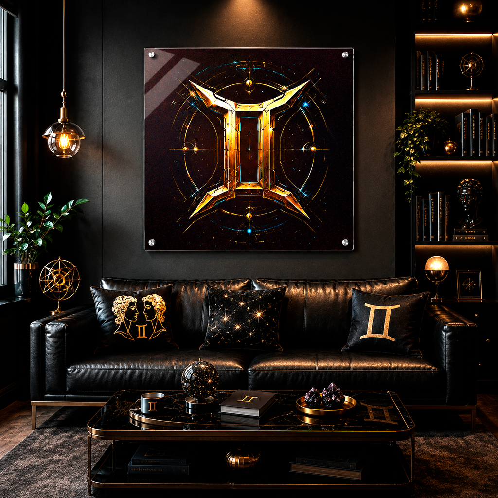 Vista frontal de Acrílico Fine Art Eternidad Géminis con reflejos brillantes y detalles dorados.
