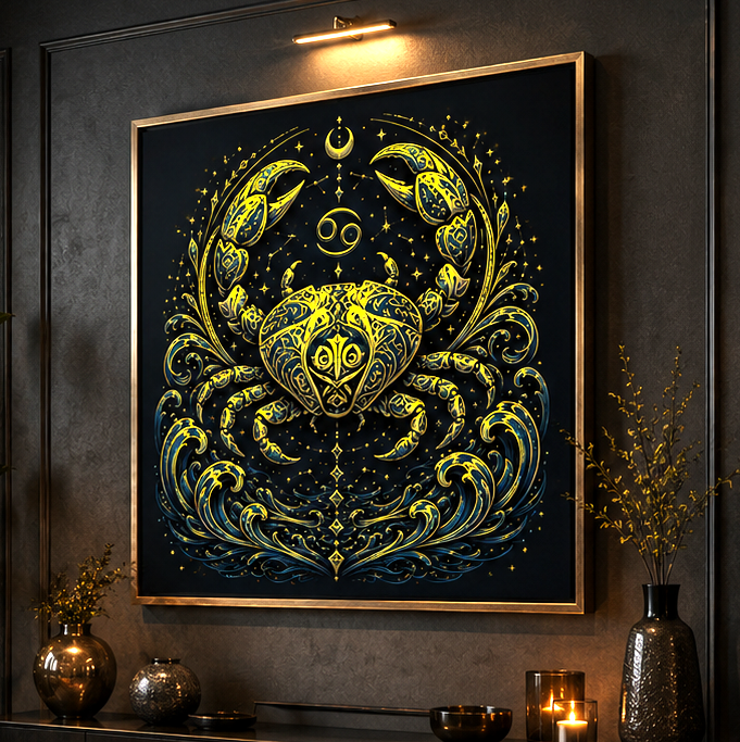 Arte mural inspirado en el signo Cáncer con cangrejo dorado y energía emocional