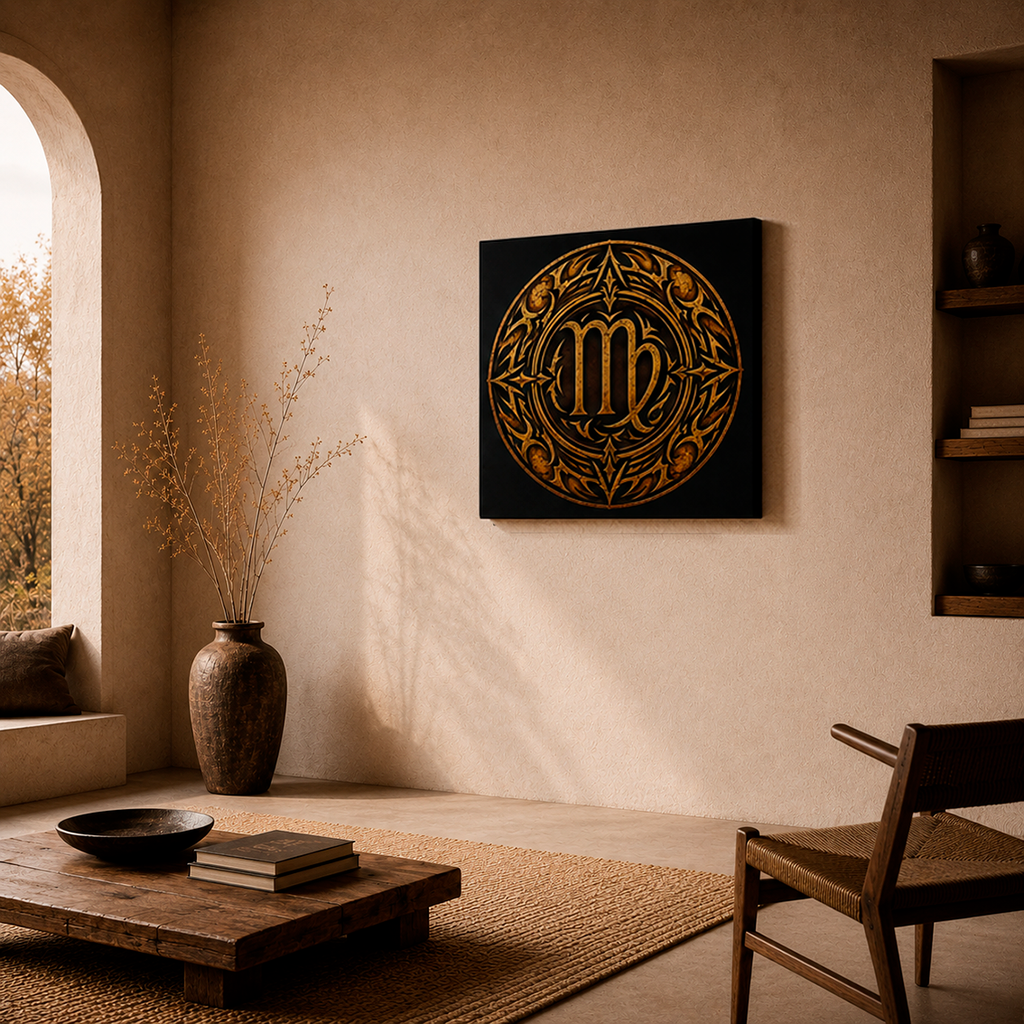 Vista en perspectiva del Canvas Fine Art Virgo Tribal mostrando la textura artística del lienzo