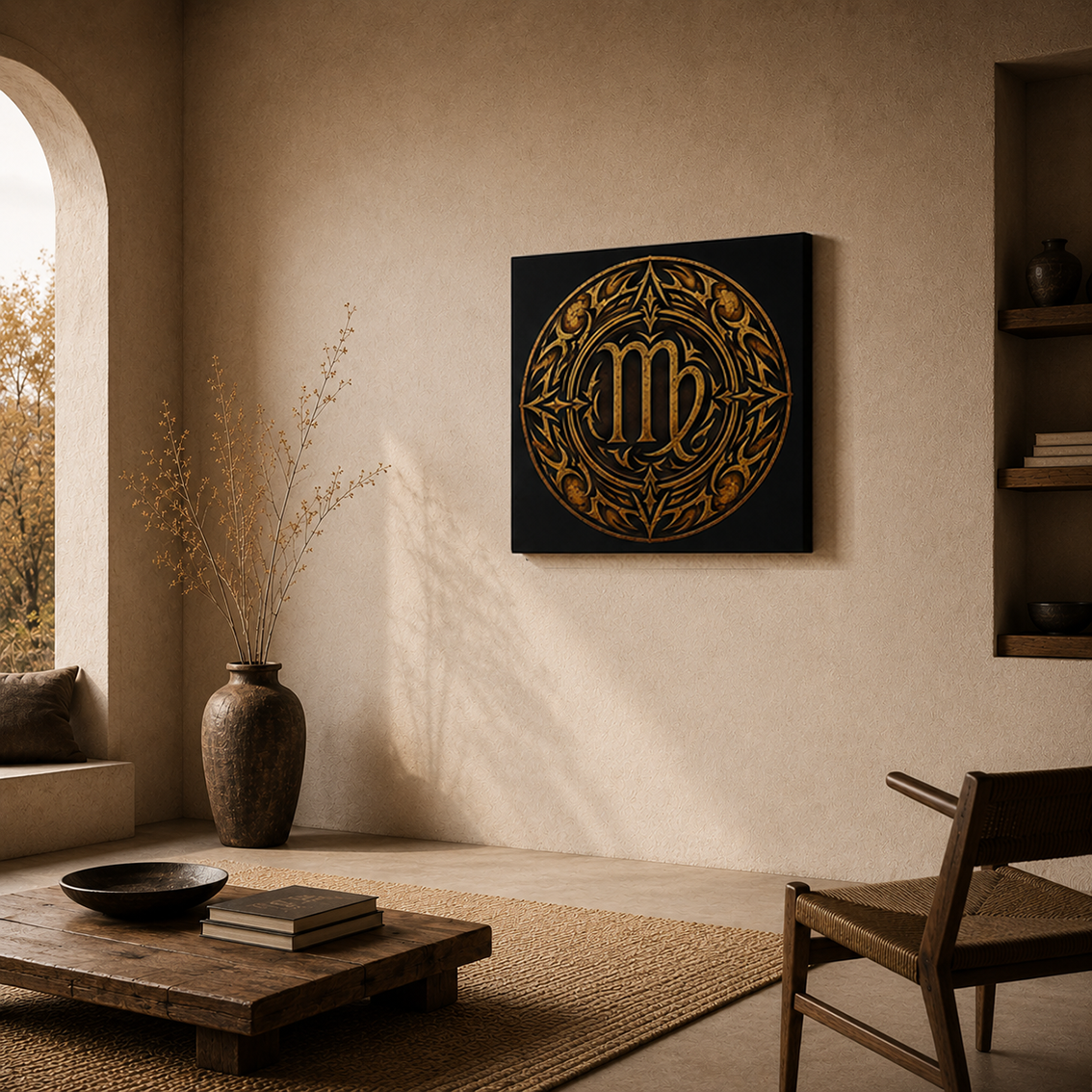 Vista en perspectiva del Canvas Fine Art Virgo Tribal mostrando la textura artística del lienzo