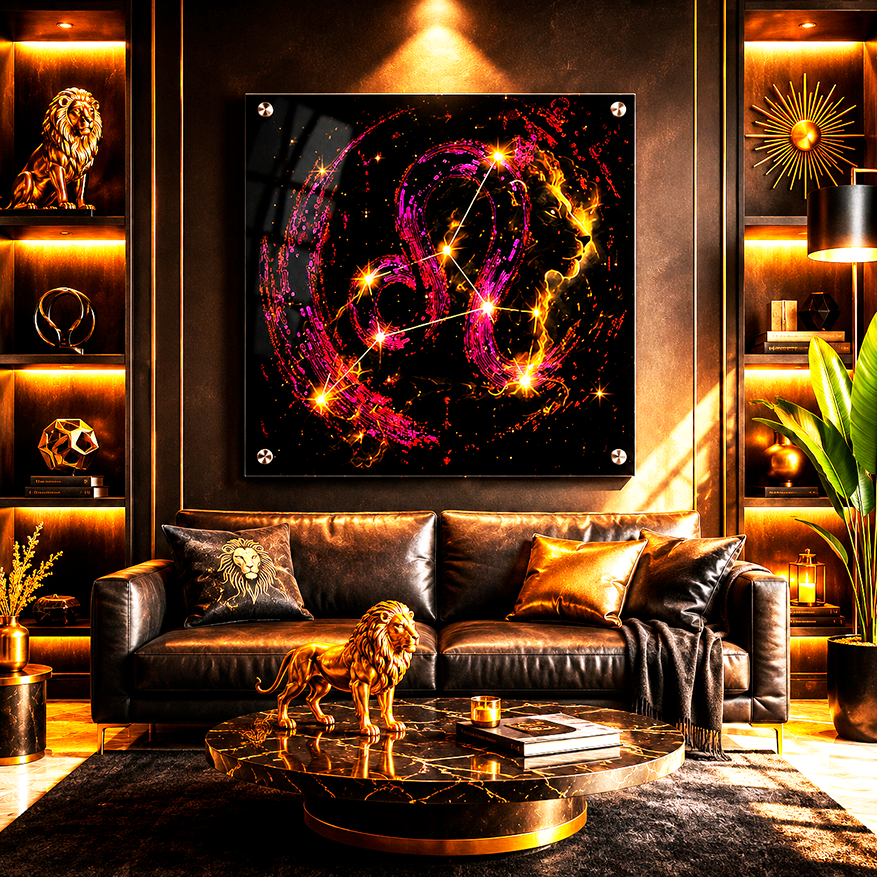 Acrílico Fine Art Leo Constelar y Simbólico exhibido en salón elegante inspirado en la energía solar y creativa de Leo