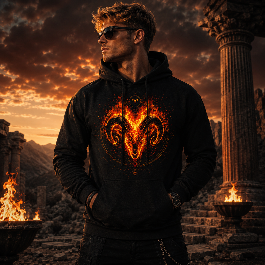 Modelo vistiendo hoodie negro Cabeza de Fuego Aries al atardecer