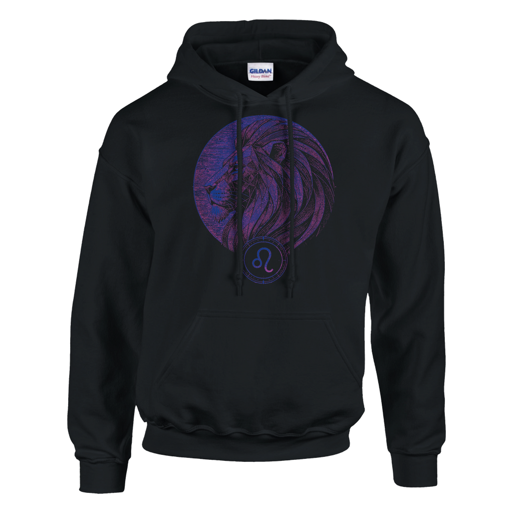 Vista frontal de hoodie negro Leo Perfil Realeza con diseño leonino violeta
