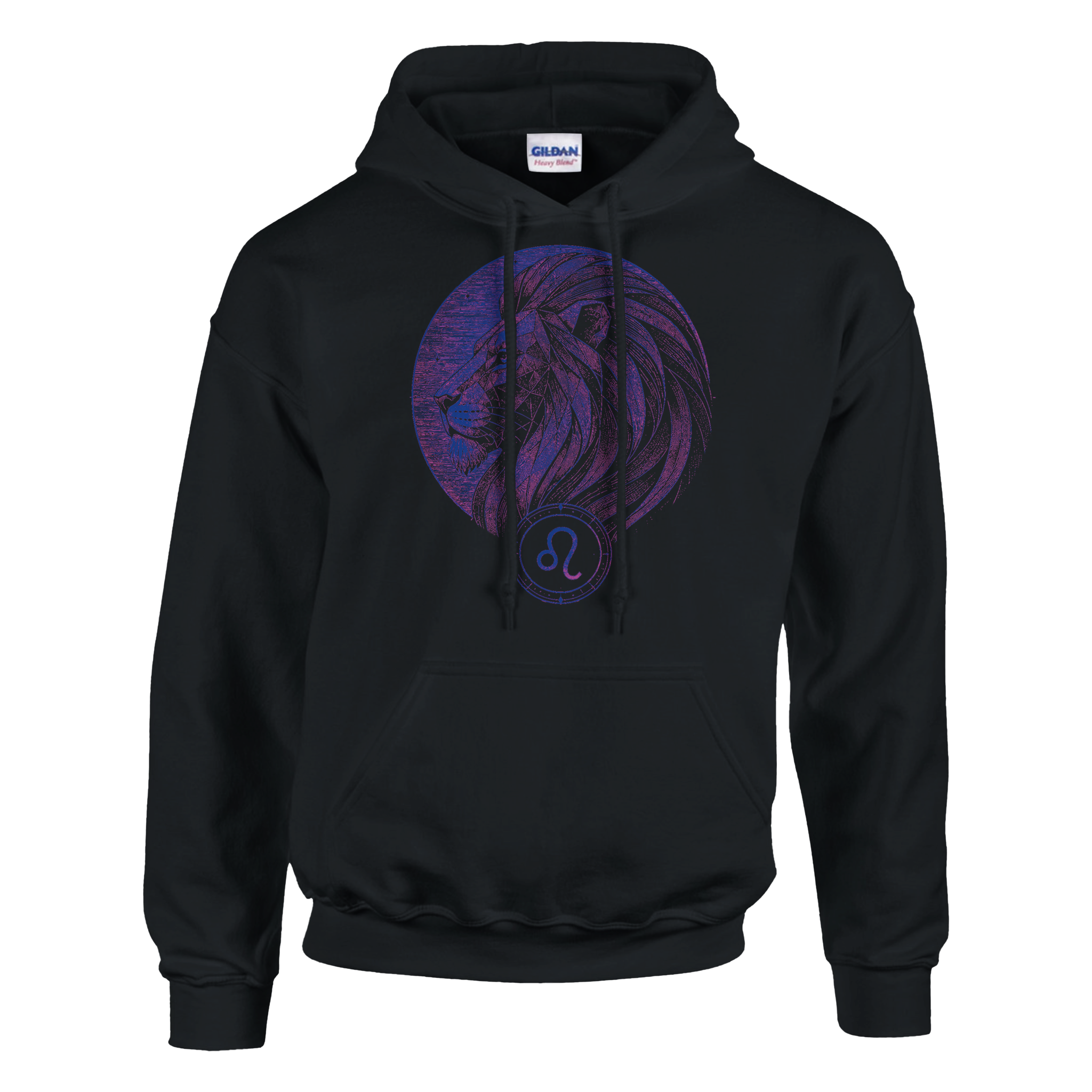 Vista frontal de hoodie negro Leo Perfil Realeza con diseño leonino violeta