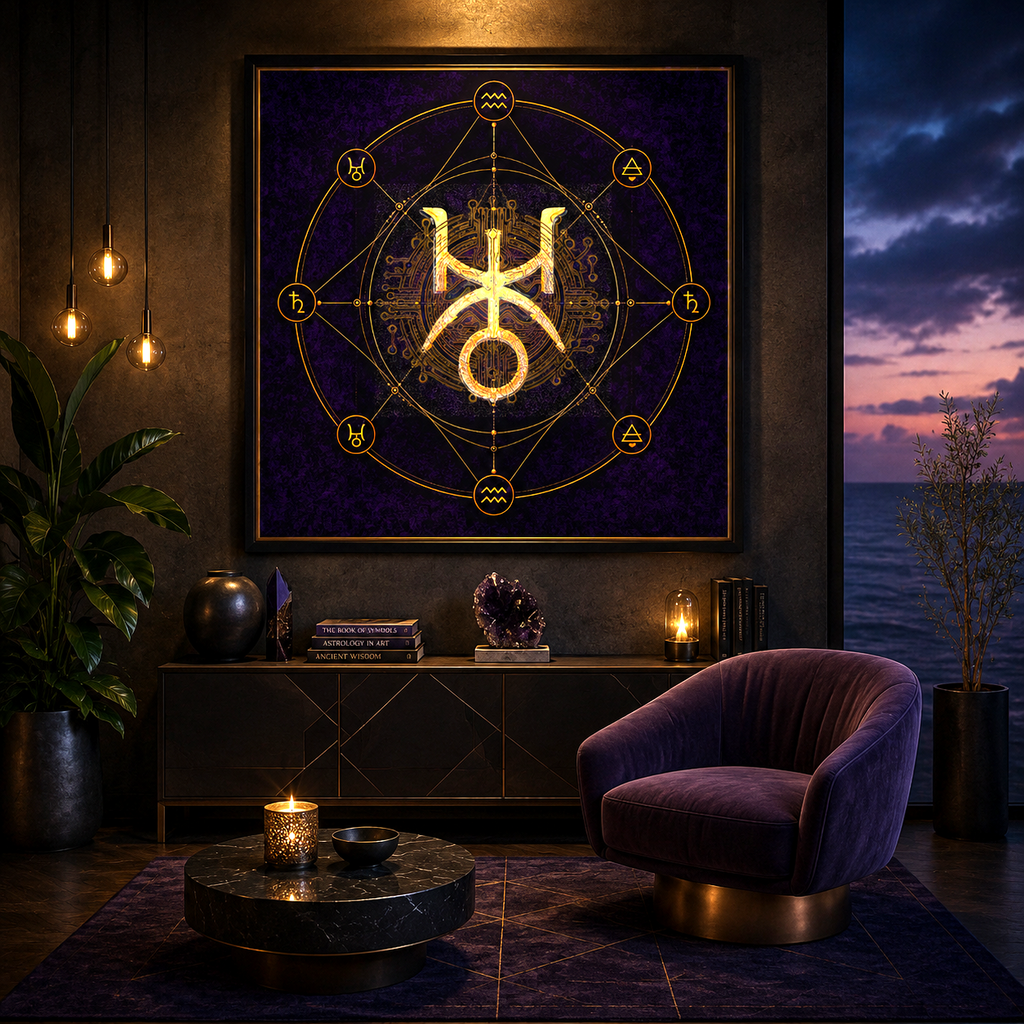 Poster fine art inspirado en Acuario con geometría astral y símbolos de conexión universal