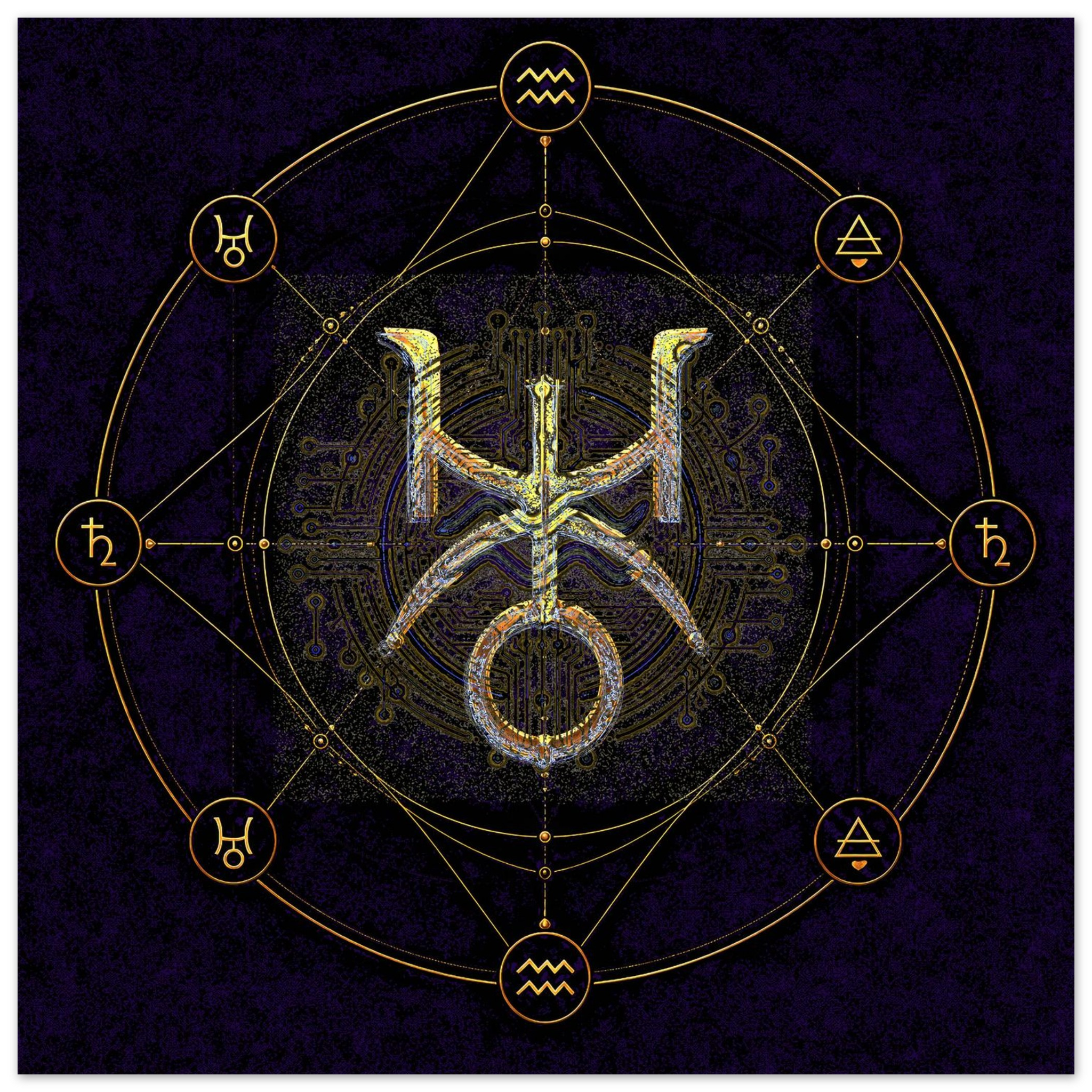 Poster artístico inspirado en conexión espiritual y geometría cósmica de Acuario