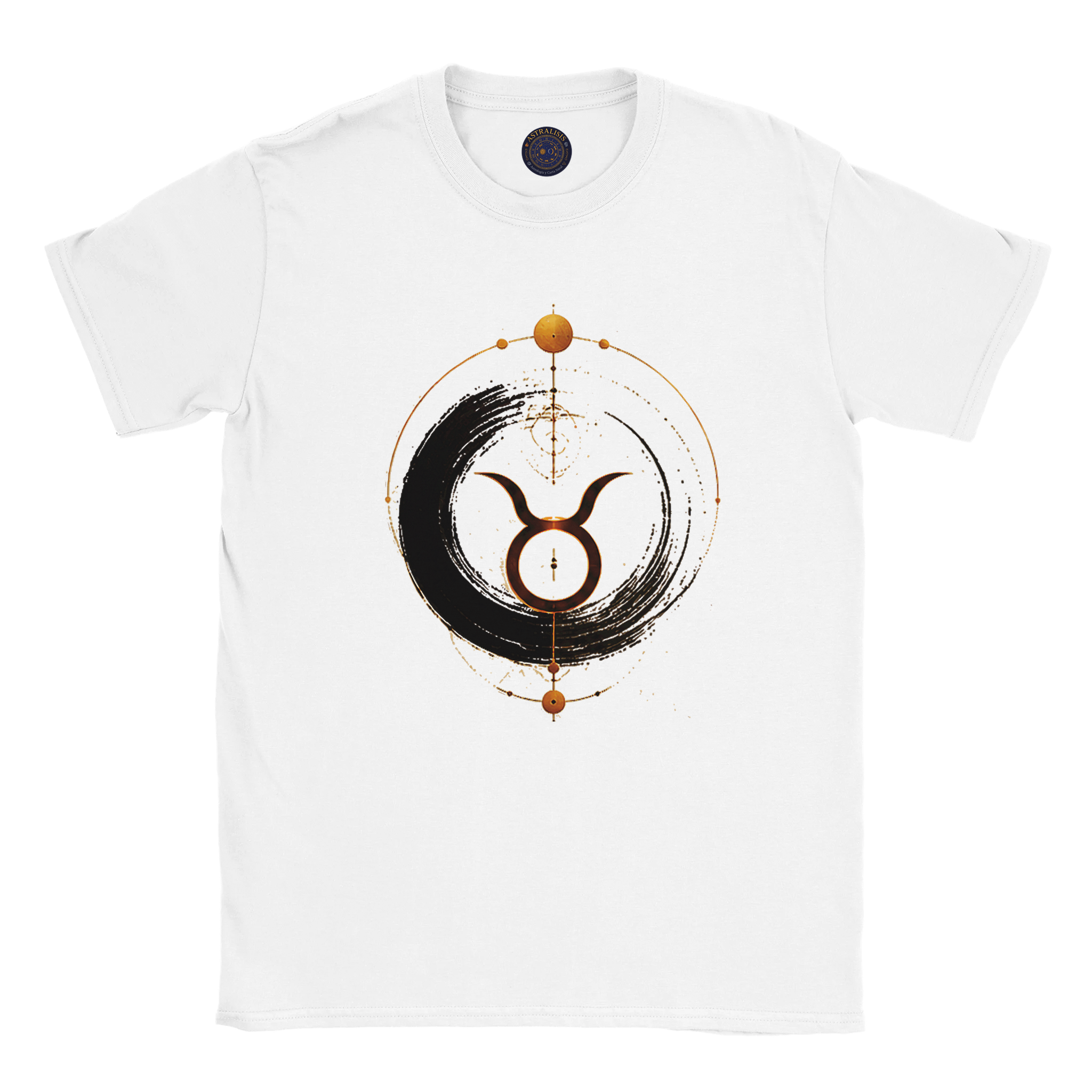Detalle del símbolo taurino rodeado por un anillo energético sobre camiseta blanca.