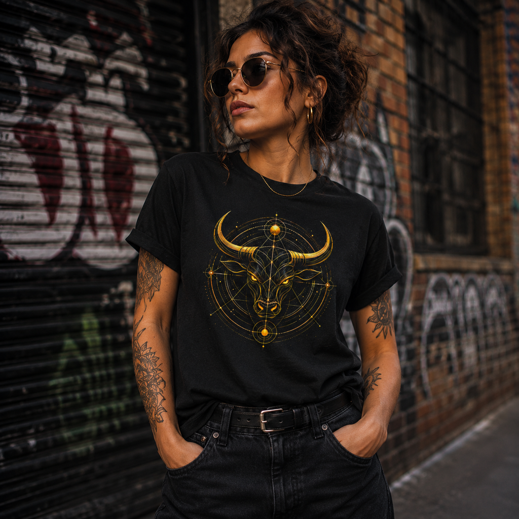 Mujer vistiendo camiseta negra Toro Dorado inspirada en el signo zodiacal Tauro.