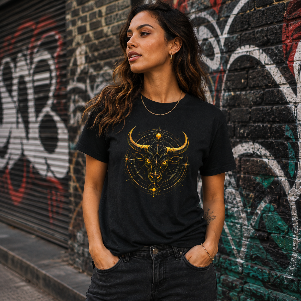Modelo femenina luciendo camiseta negra Toro Dorado con diseño astrológico exclusivo Astrálisis.