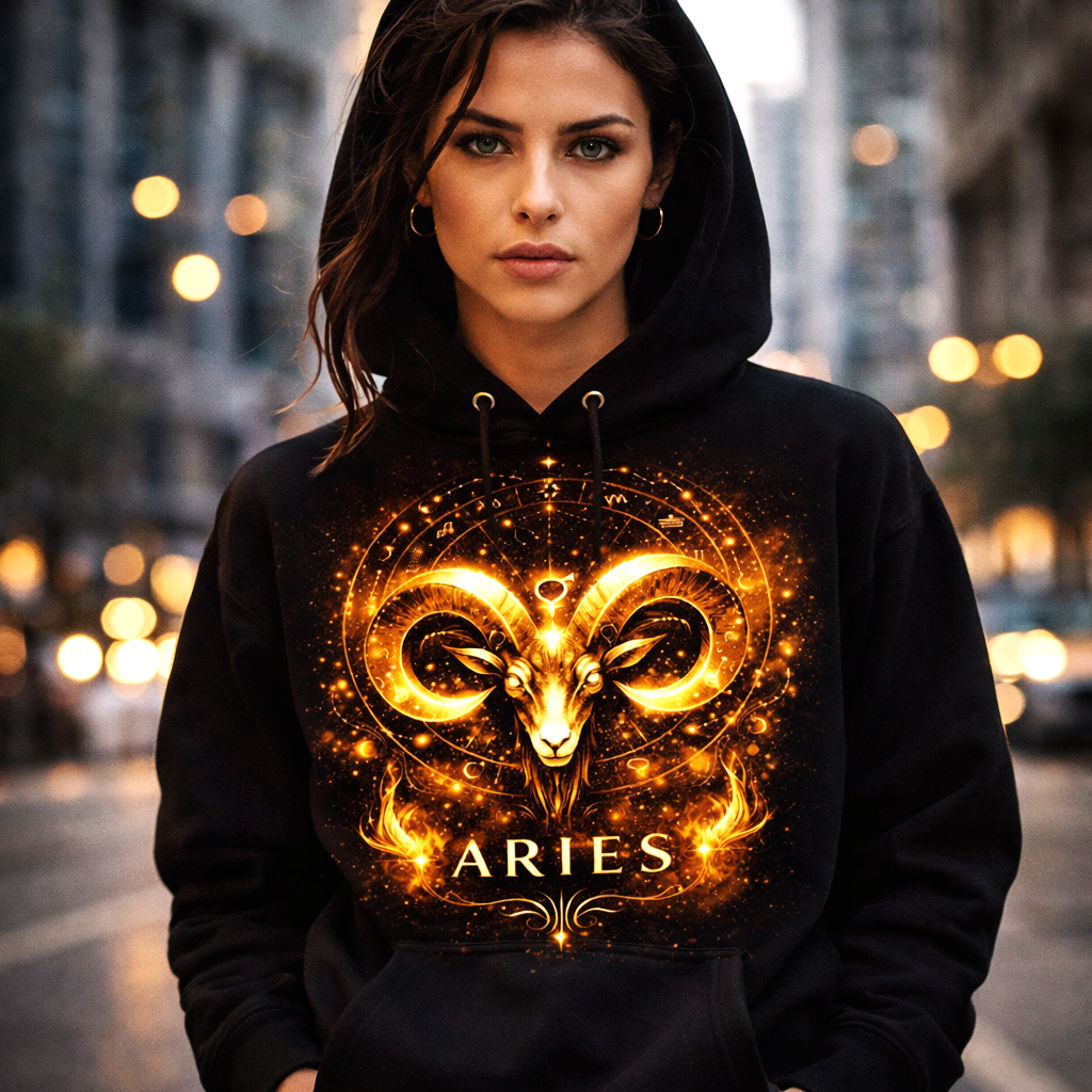 hoodie aries negro diseño astrologico dorado modelo mujer urbano