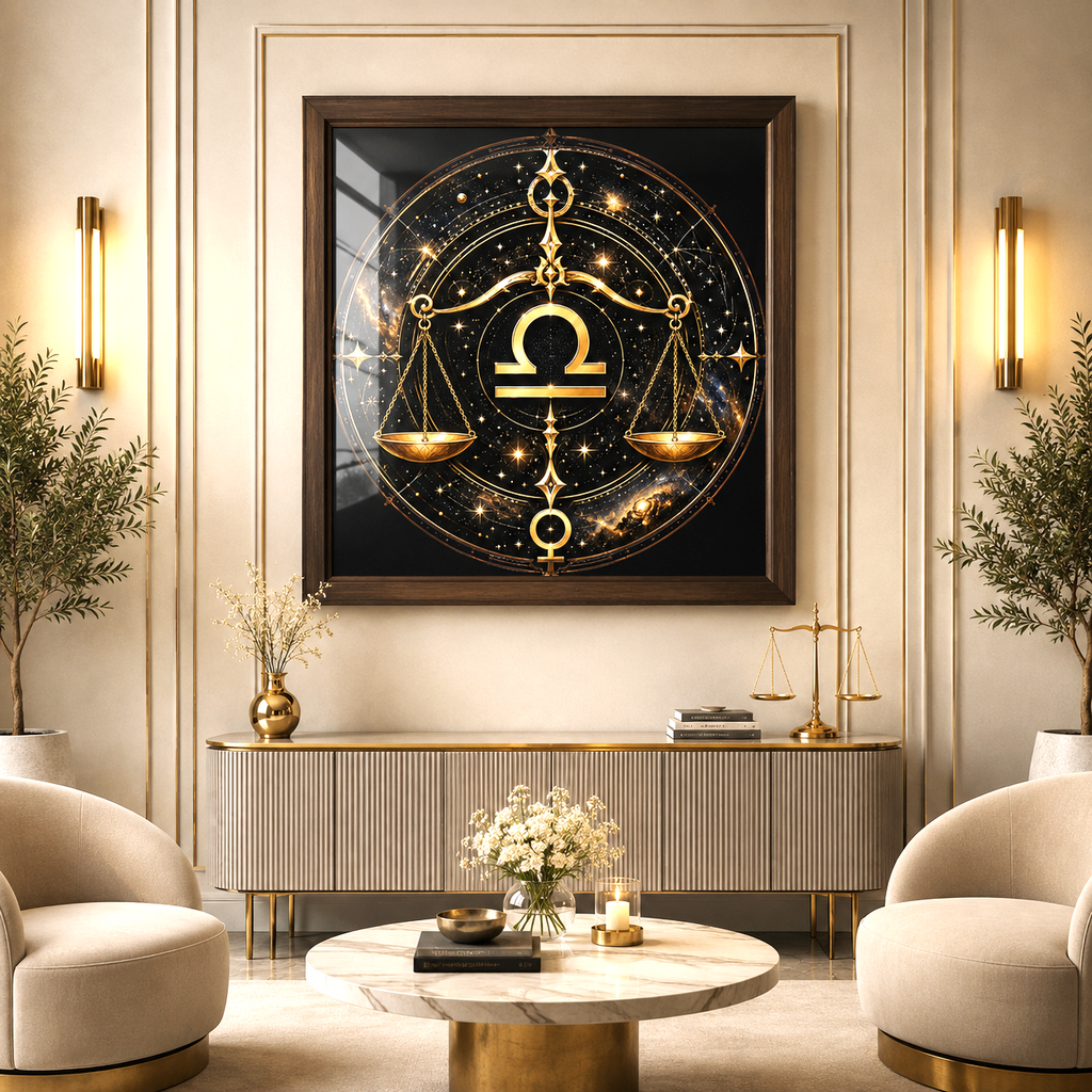 Póster Fine Art Libra Universal en salón moderno con composición zodiacal dorada