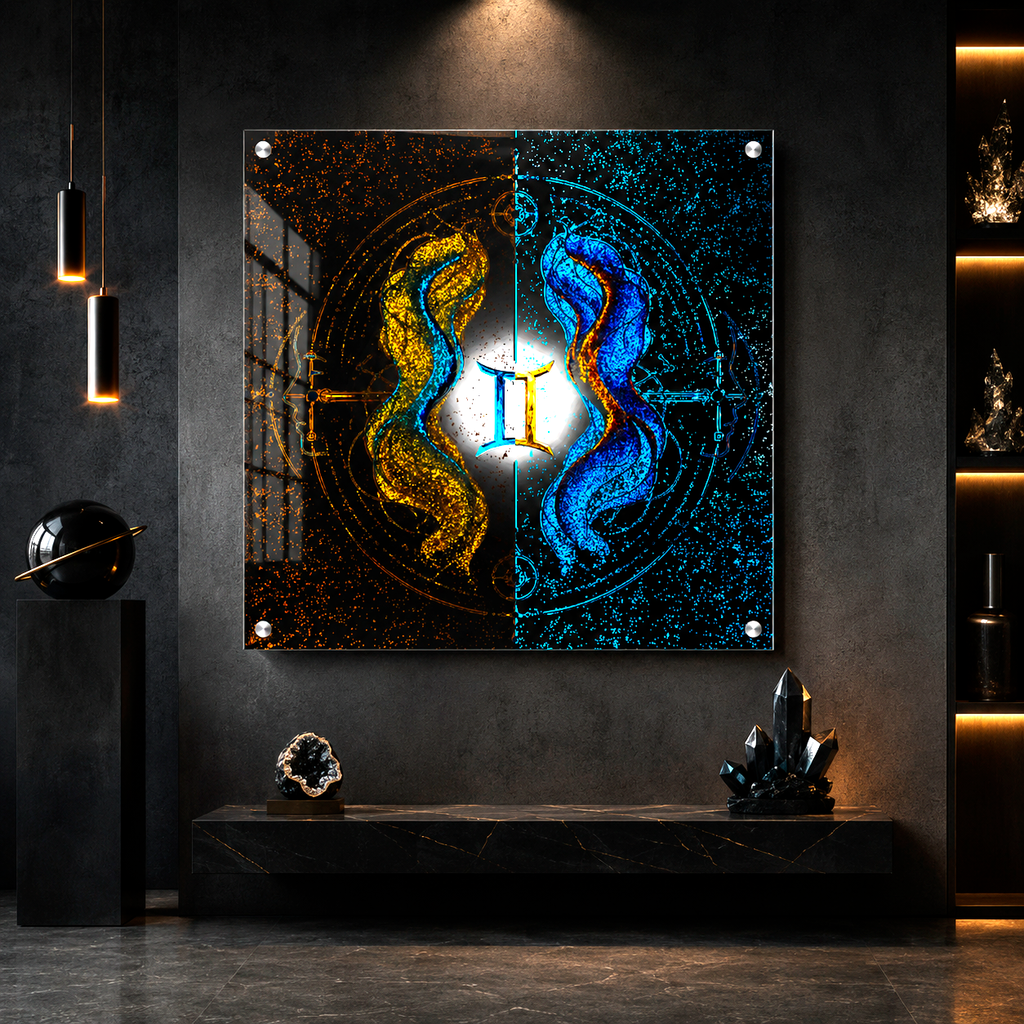 Vista frontal de Acrílico Fine Art Sintonía Geminiana con composición simbólica y profundidad visual.