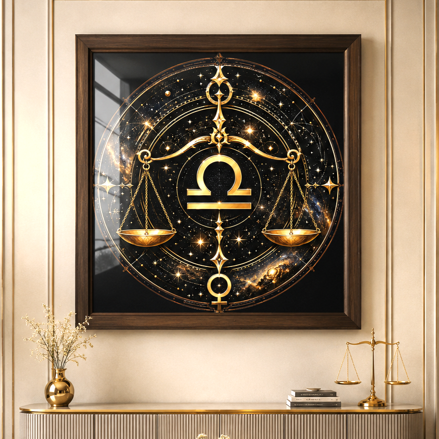 Póster Libra Universal enmarcado con balanza y geometría celeste dorada