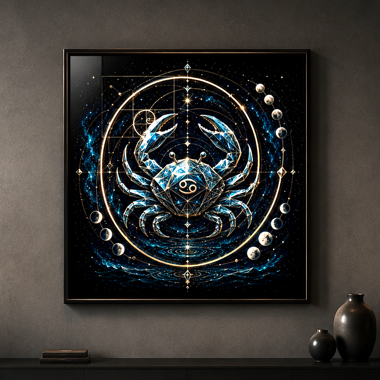 Poster Fine Art Universo Áureo inspirado en Cáncer con geometría sagrada y símbolos lunares