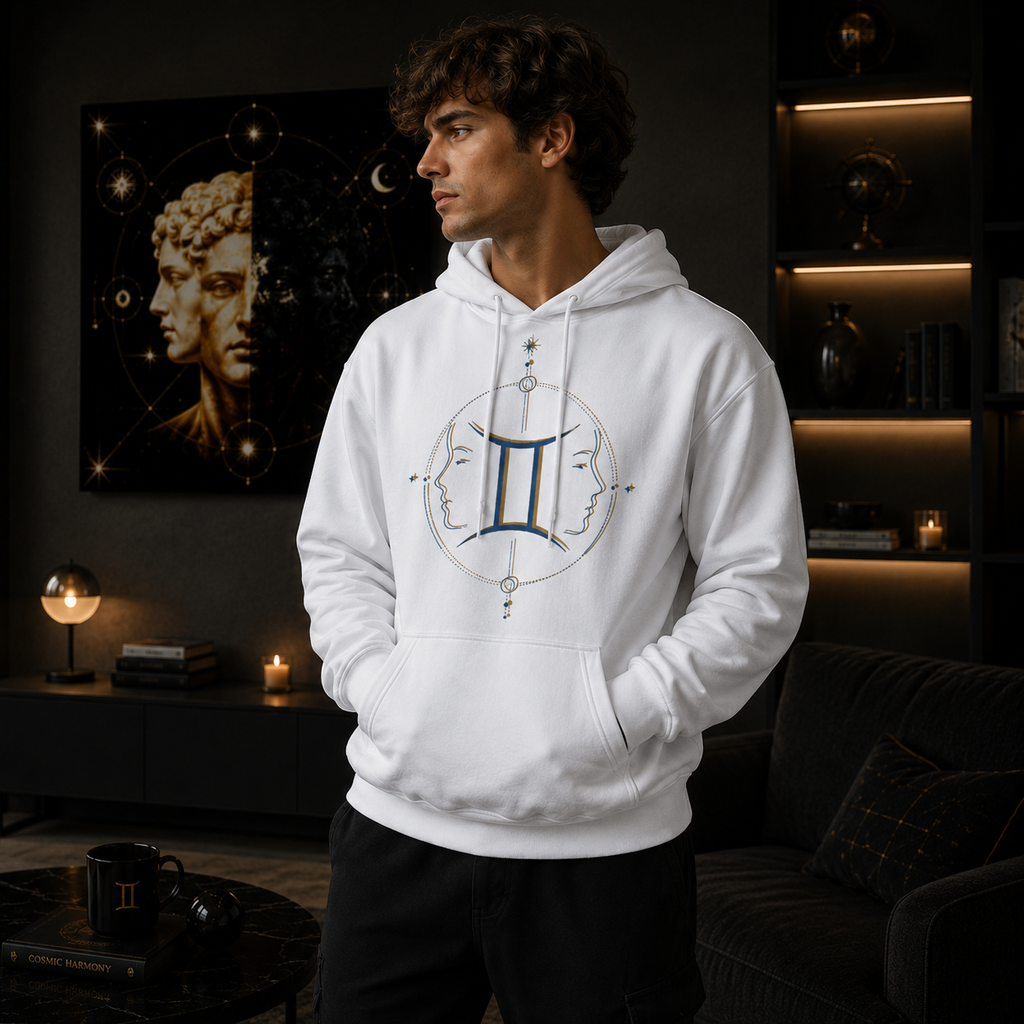 Modelo masculino luciendo sudadera blanca Géminis inspirada en la energía dual y la comunicación zodiacal.