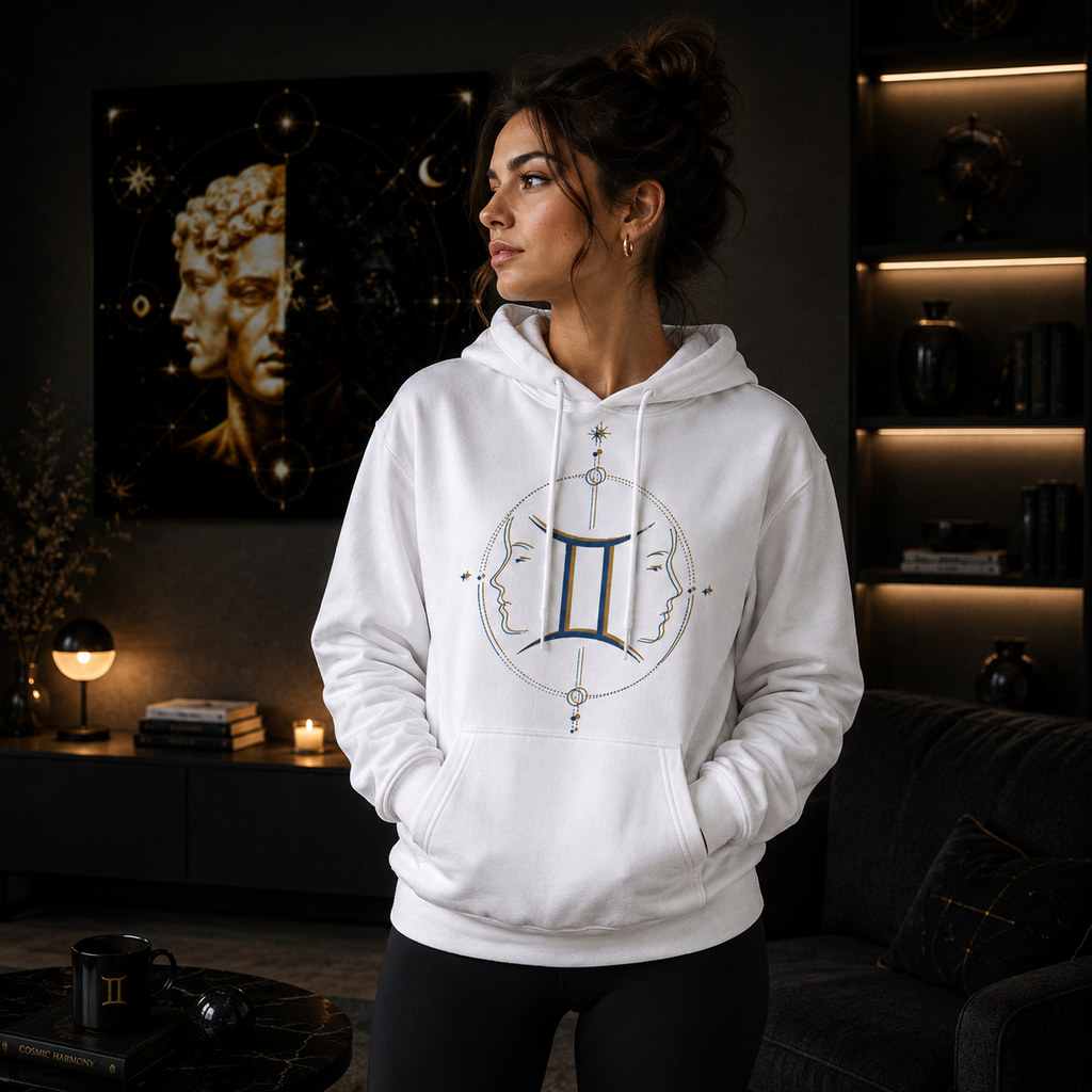 Mujer vistiendo Hoodie Blanco Vibraciones Géminis con diseño astrológico exclusivo de Astrálisis.