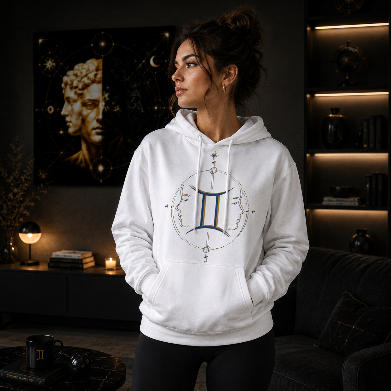 Mujer vistiendo Hoodie Blanco Vibraciones Géminis con diseño astrológico exclusivo de Astrálisis.