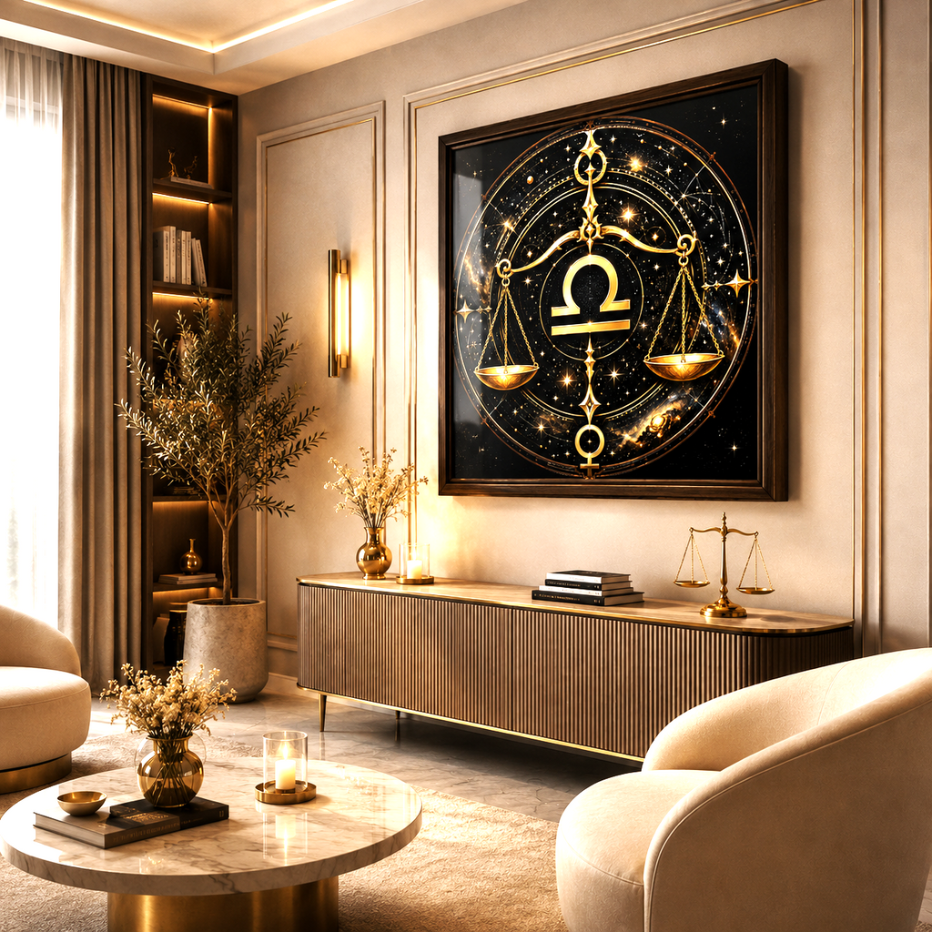 Póster Libra Universal decorando salón contemporáneo en tonos cálidos