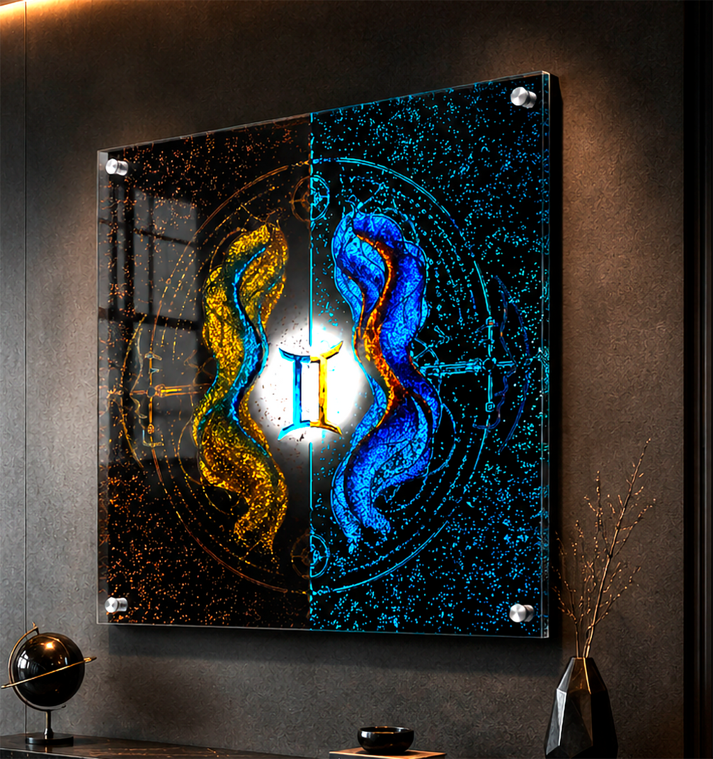 Acrílico Fine Art Sintonía Geminiana exhibido en interior elegante con iluminación ambiental y acabado brillante.