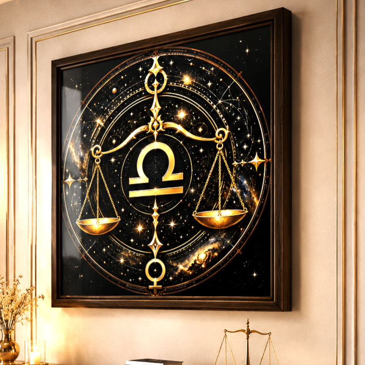 Póster Fine Art Libra Universal enmarcado en interior elegante con diseño negro y dorado