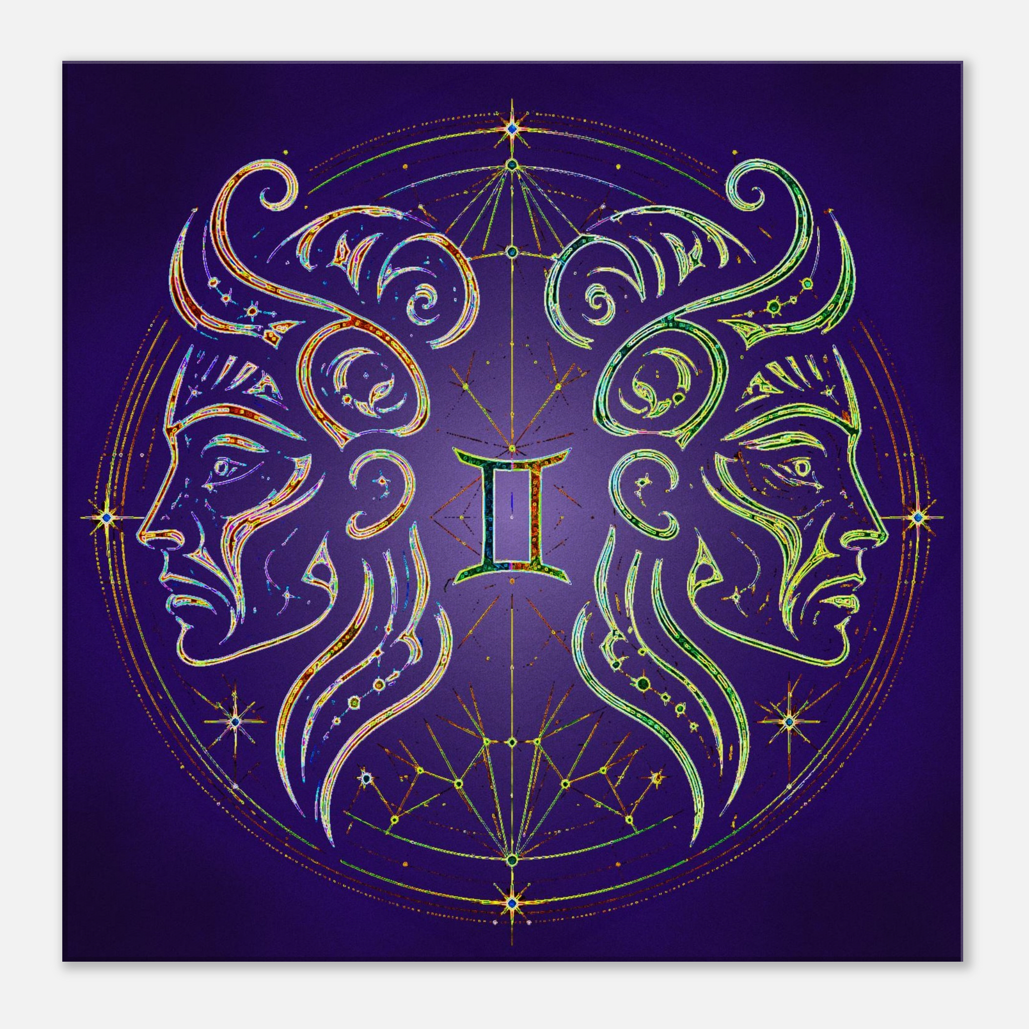 Detalle artístico del diseño tribal Géminis con composición simétrica y estética zodiacal exclusiva.