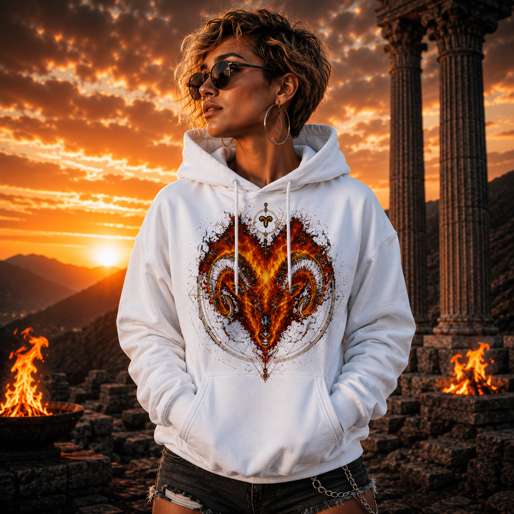 Modelo vistiendo hoodie blanco Cabeza de Fuego Aries al atardecer
