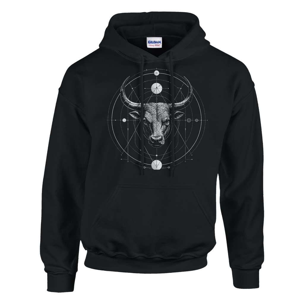 Hoodie negro Tauro Sincronizado con diseño geométrico inspirado en astrología y simbolismo zodiacal.