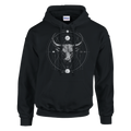 Hoodie negro Tauro Sincronizado con diseño geométrico inspirado en astrología y simbolismo zodiacal.