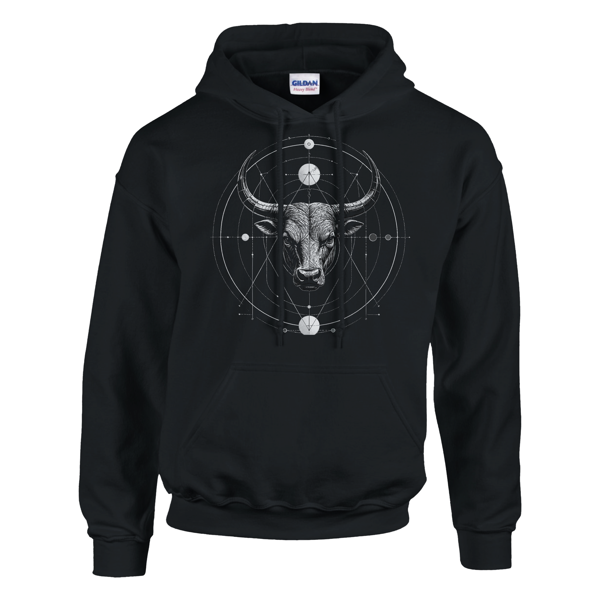 Hoodie negro Tauro Sincronizado con diseño geométrico inspirado en astrología y simbolismo zodiacal.
