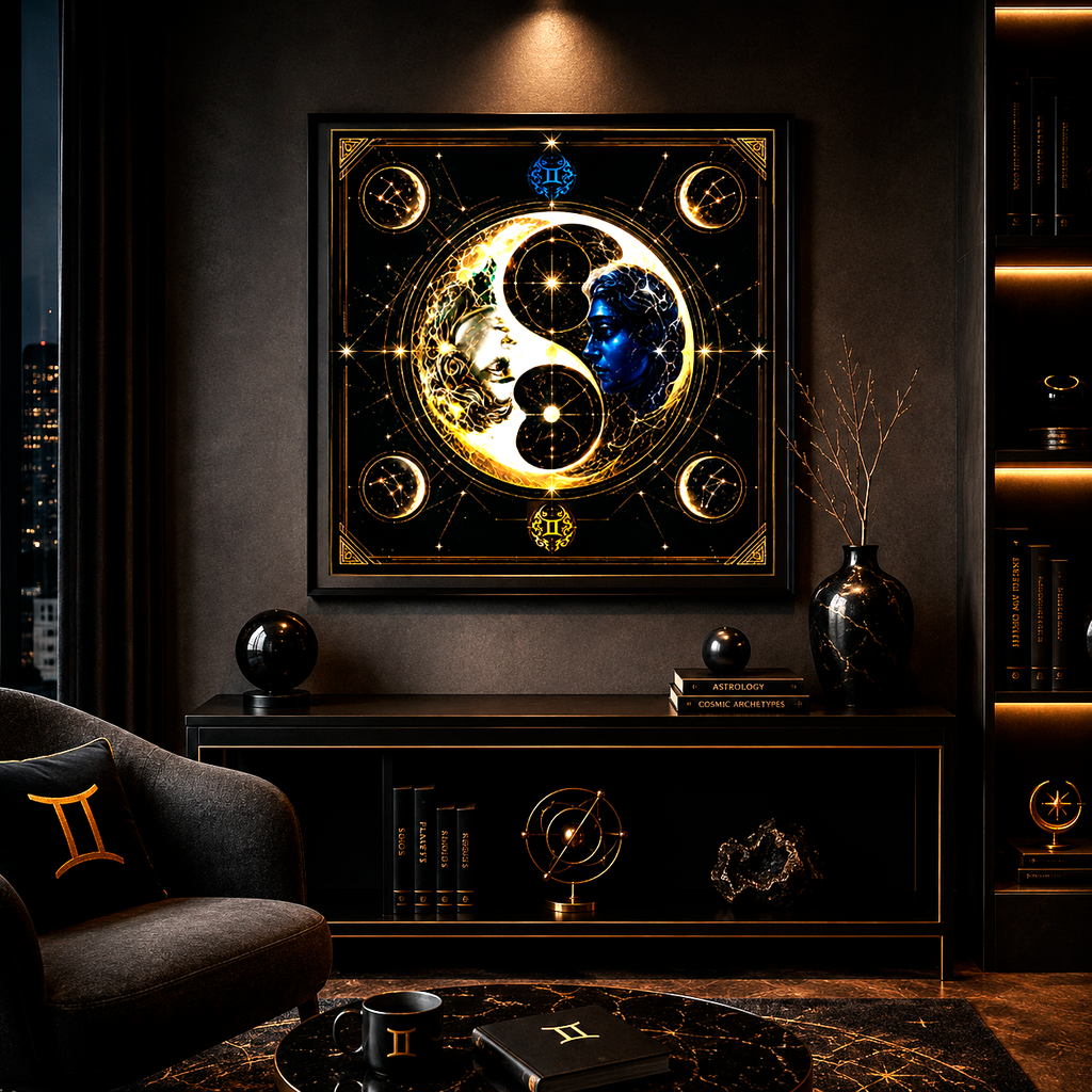 Vista frontal de poster zodiacal Géminis con composición cósmica en tonos dorados y azules.