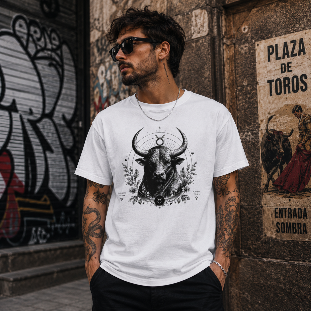 Hombre vistiendo camiseta blanca Tauro en entorno urbano contemporáneo.