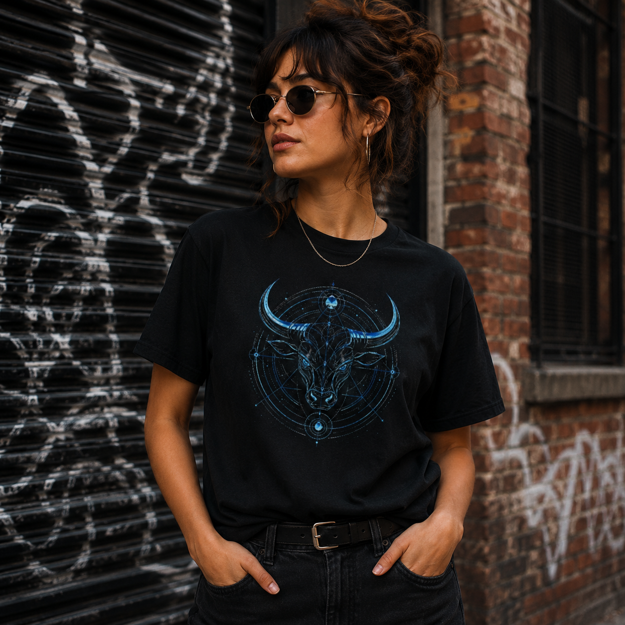 Modelo femenina luciendo camiseta negra Toro Azul con diseño astrológico exclusivo Astrálisis.