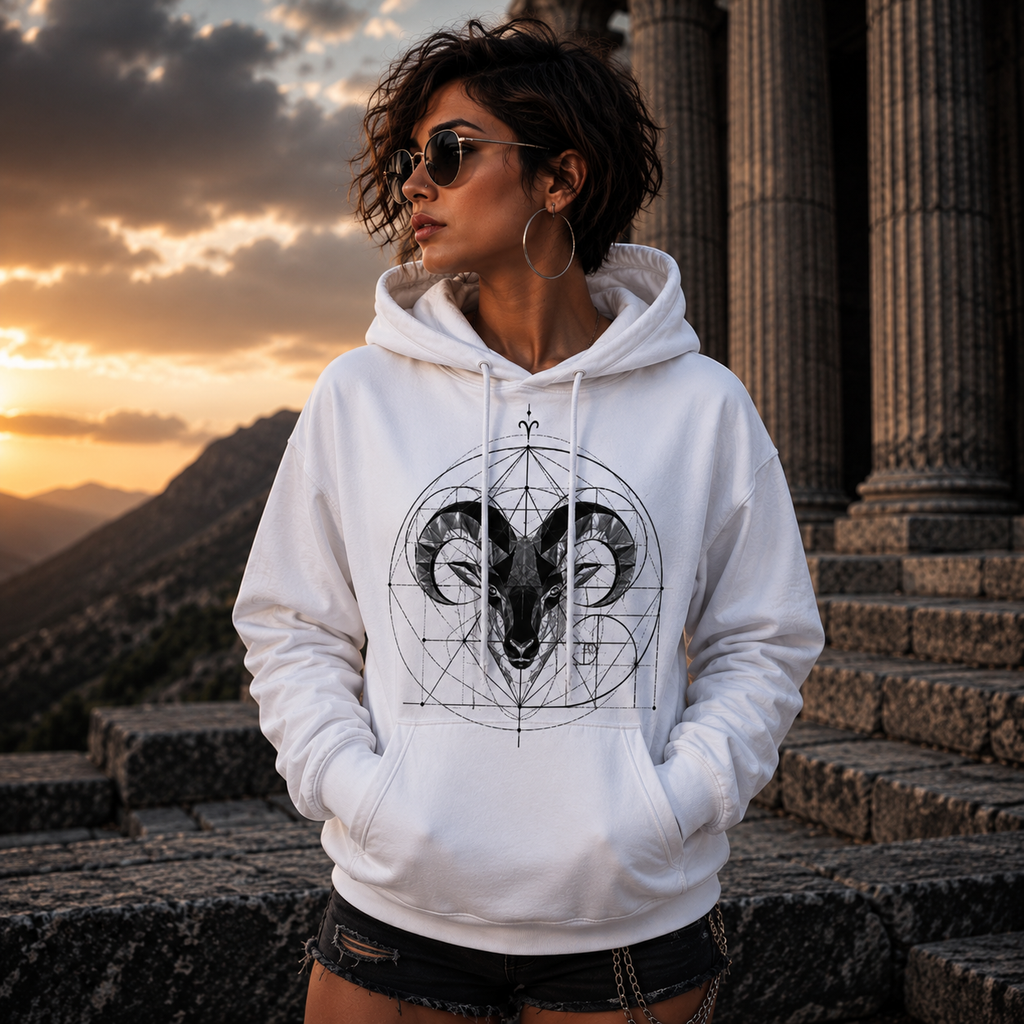 Modelo vistiendo hoodie blanco Proporción Áurea Aries al atardecer