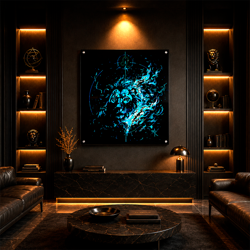 Arte mural Acrílico Fine Art Leo Espectral instalado en salón contemporáneo con iluminación cálida y estética sofisticada