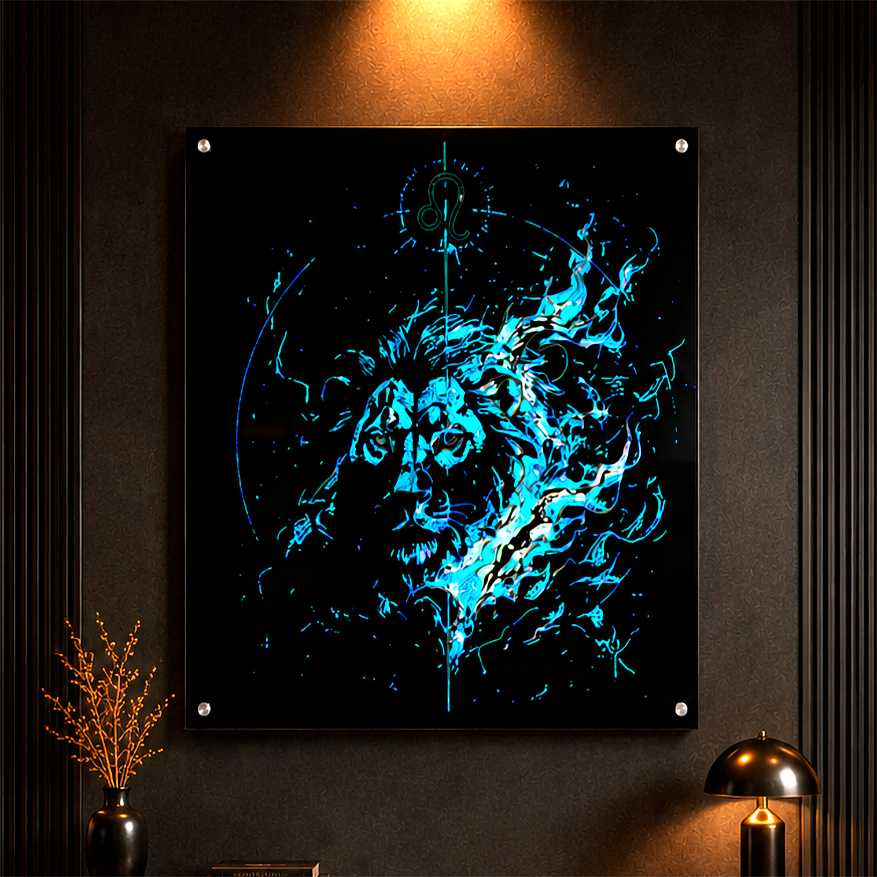 Acrílico Fine Art Leo Espectral con león etéreo azul y símbolo zodiacal de Leo sobre fondo negro de alto contraste