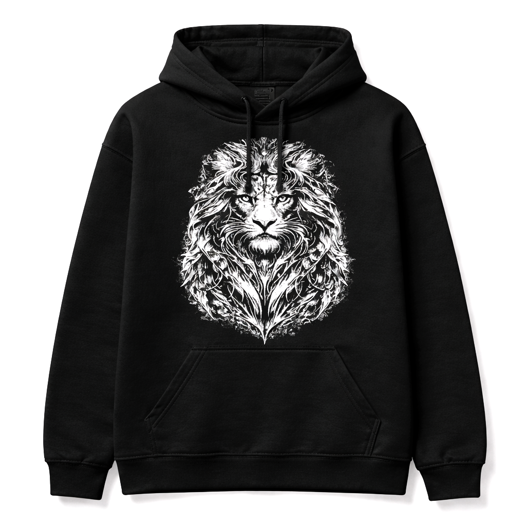 Sudadera negra Leo unisex con ilustración de león intensa