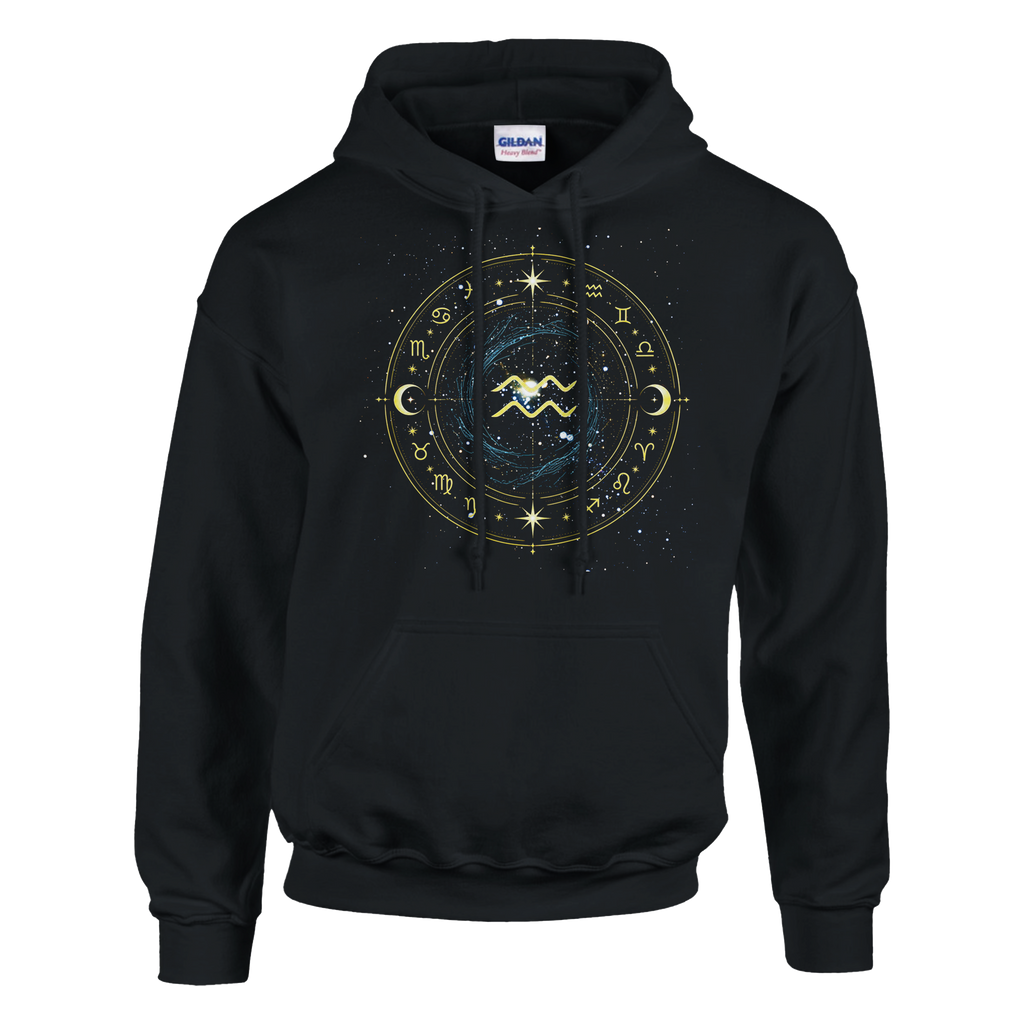 Sudadera negra Acuario con símbolo universal y arte astral dorado
