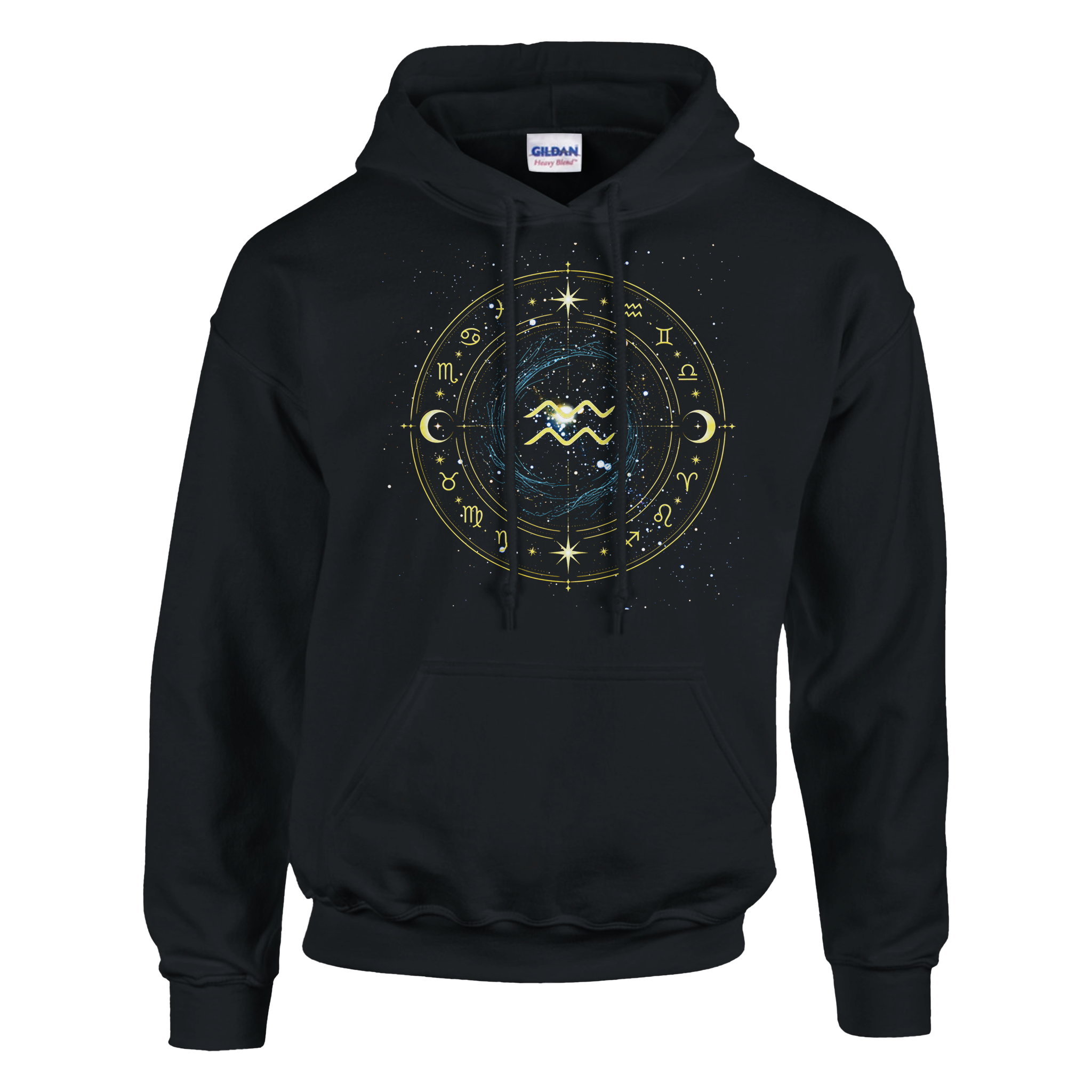 Sudadera negra Acuario con símbolo universal y arte astral dorado
