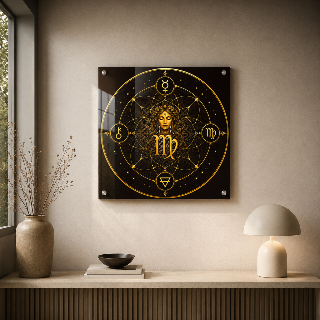 Acrílico Fine Art Virgo Profundo instalado en un ambiente minimalista con geometría dorada sobre fondo negro