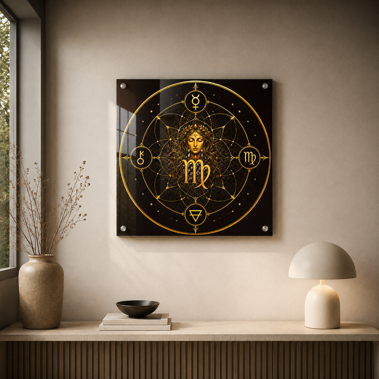 Acrílico Fine Art Virgo Profundo instalado en un ambiente minimalista con geometría dorada sobre fondo negro