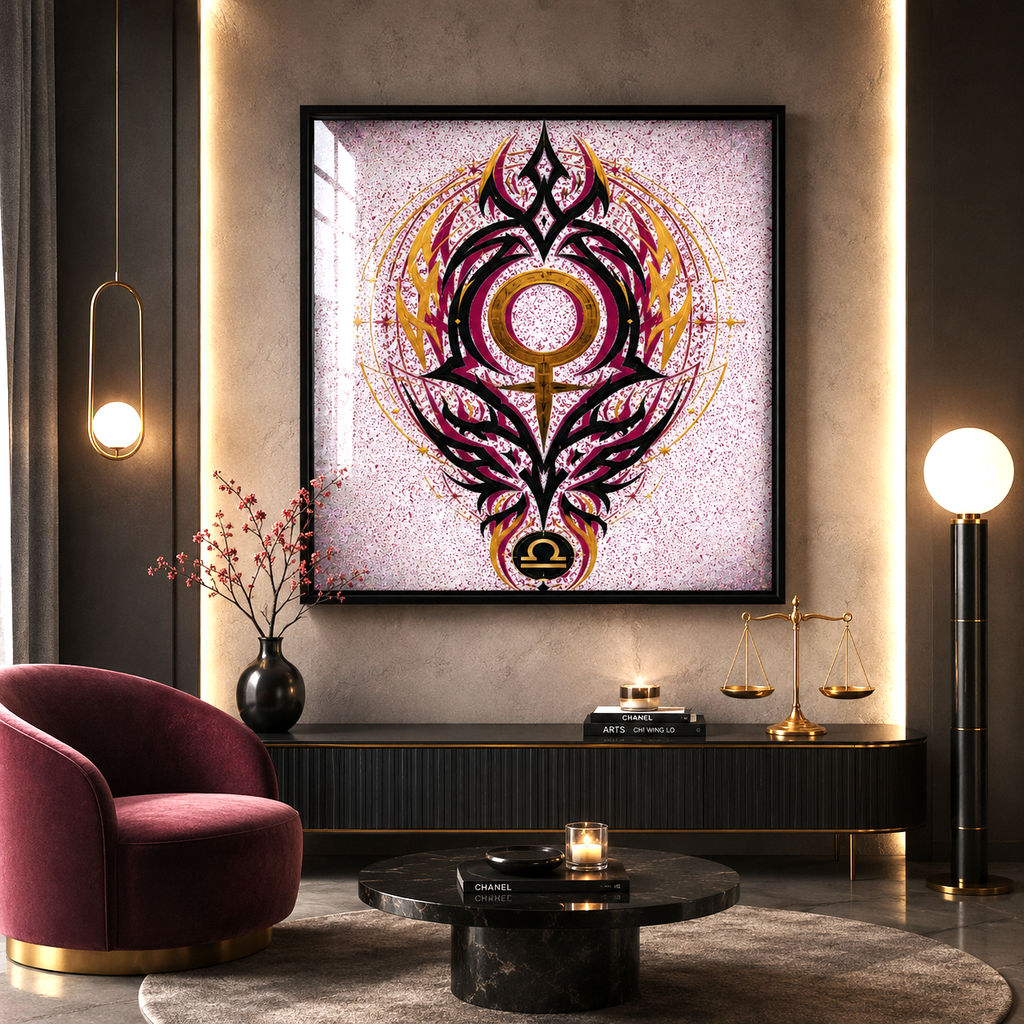 Póster Libra Tribal decorando interior contemporáneo con composición zodiacal simétrica
