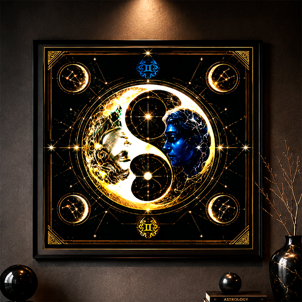 Poster Fine Art Géminis exhibido en interior moderno con iluminación cálida y marco elegante.