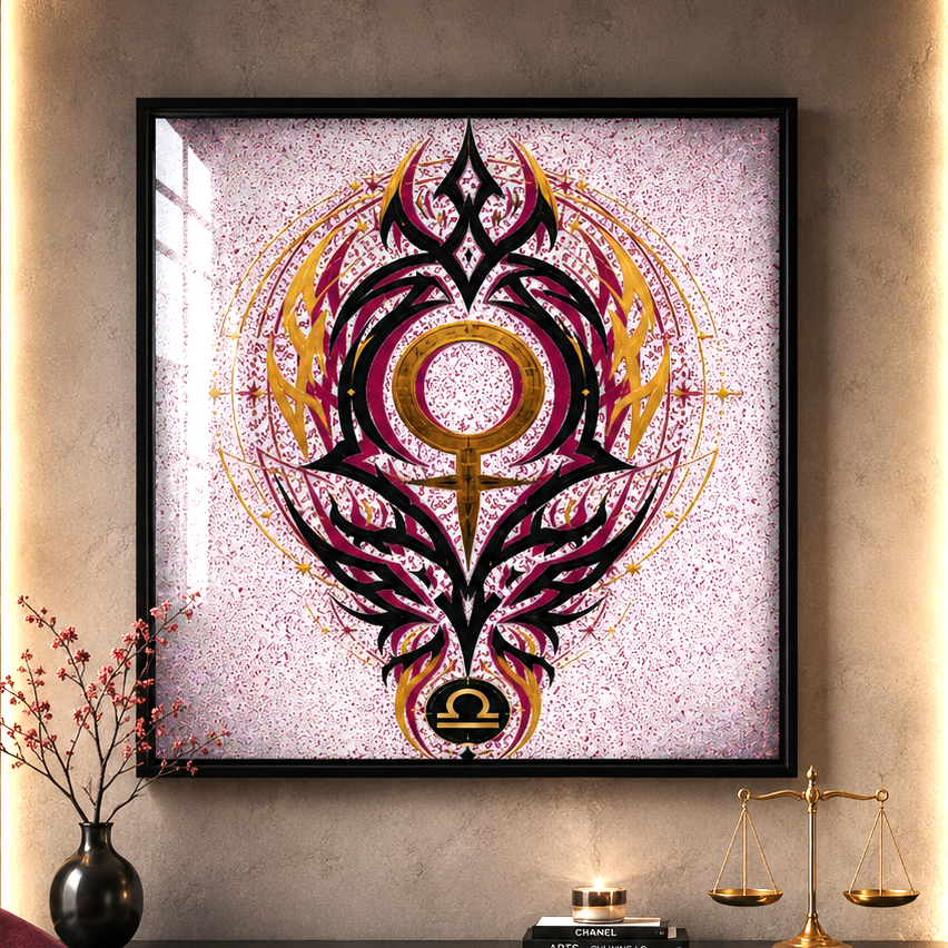 Póster Fine Art Libra Tribal enmarcado con diseño zodiacal violeta negro y dorado