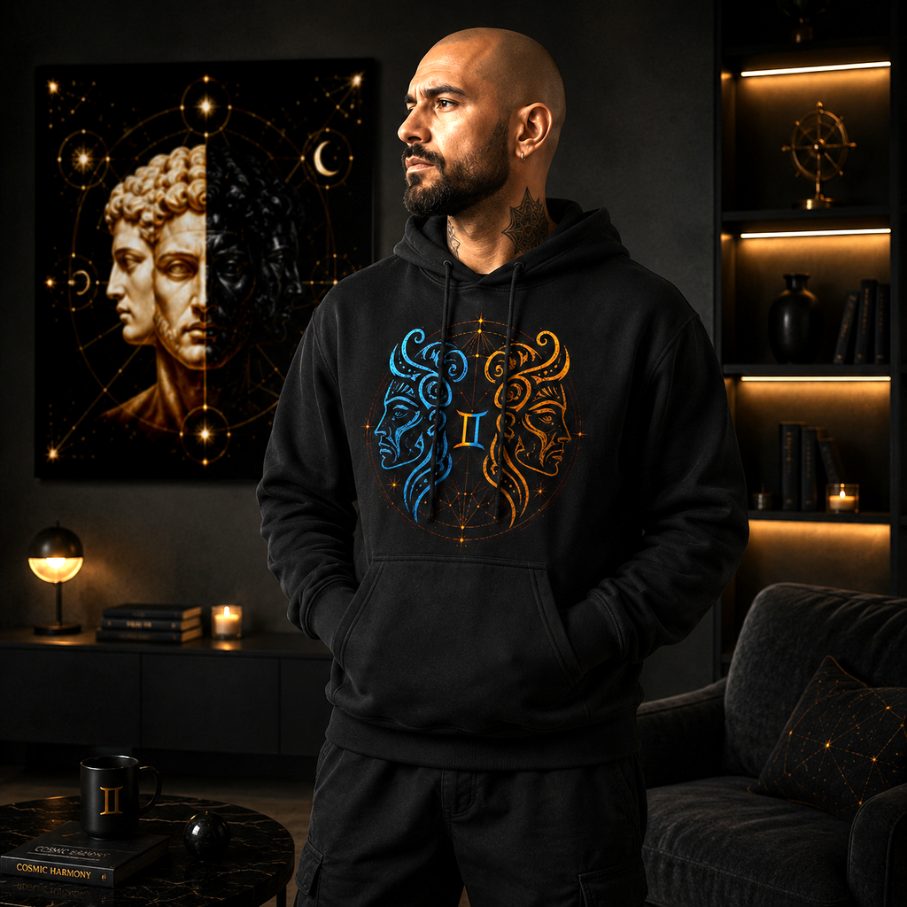 Hombre vistiendo Hoodie Negro Tribalista Géminis con diseño dual azul y dorado de Astrálisis.